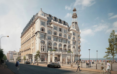Luxuriöses Hotel „The Grand“ in Nieuwpoort, Belgien, mit eleganter Architektur und exklusiver Lage an der Küste.