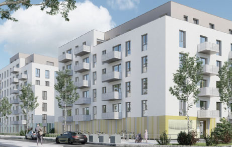 Wohnanlage „Allee der Kosmonauten“ in Berlin, Deutschland, mit moderner Wohnarchitektur und urbanem Wohnkonzept.
